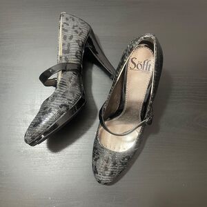 Sofft 6M Leather Miranda Pointed To Mary Jan Black Gray Leather 3‎ 1/2 heel